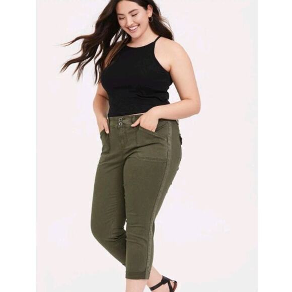 Torrid Jeans Womens 12 Olive Green Skinny Crop Ankle Aviator Utility Twill Khaki - Picture 1 of 6